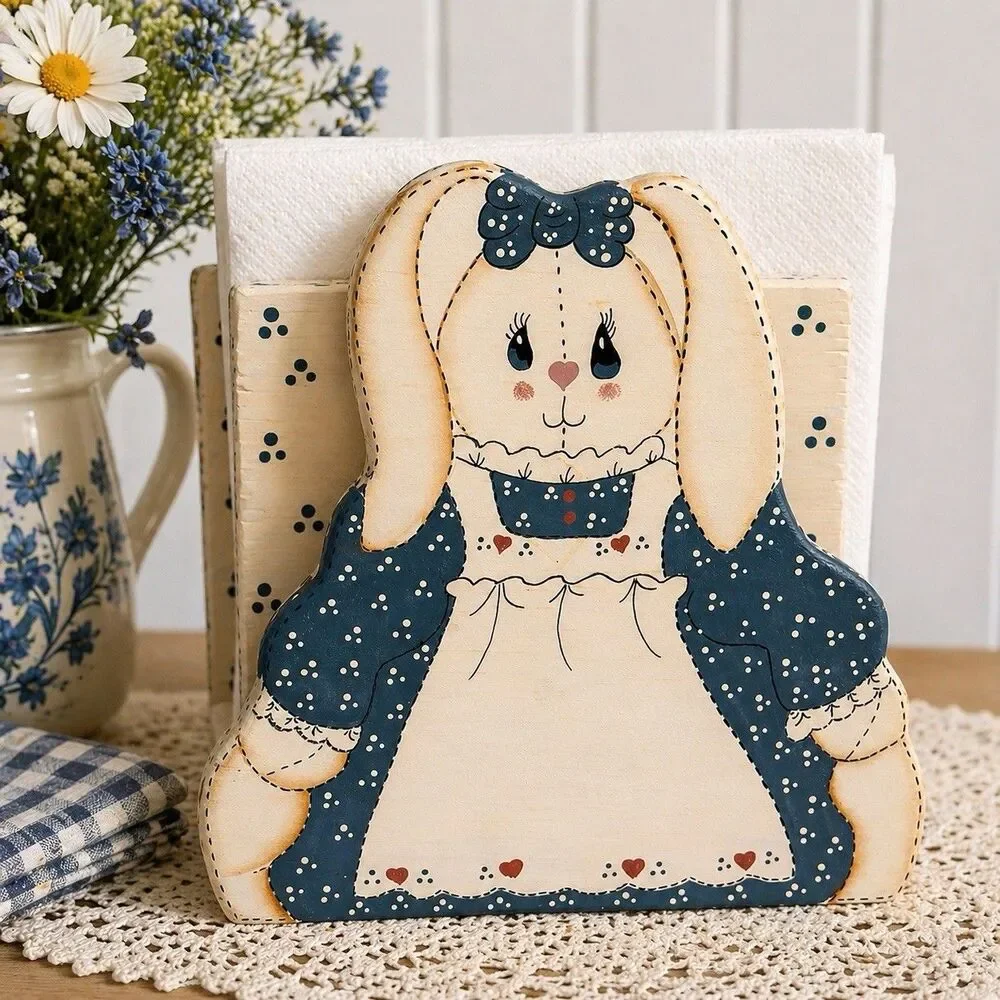 Vintage Bunny Napkin Letter Holder Wood Cottagecore Country Grandma Kitchen 90s